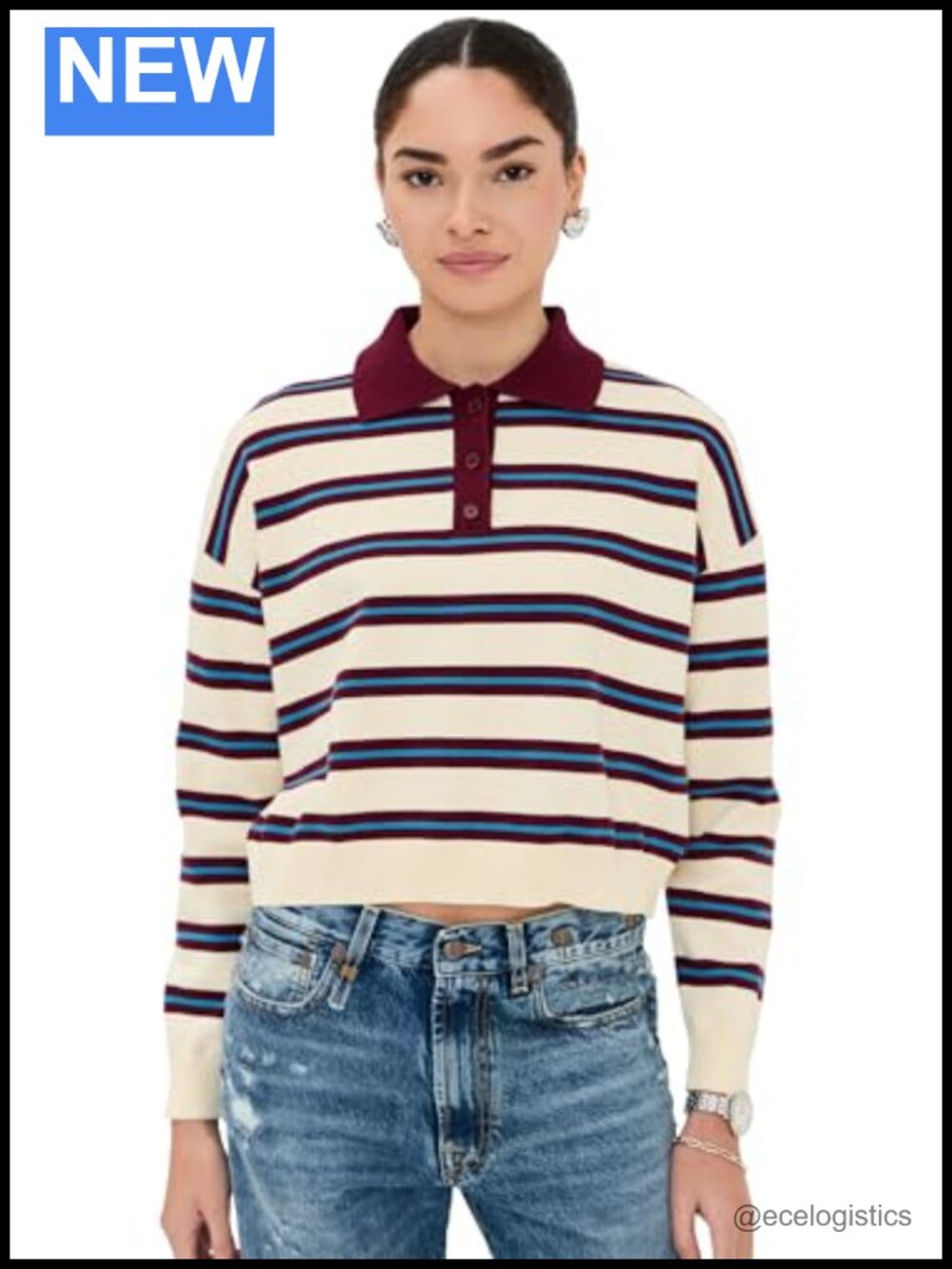 Cropped Polo Sweater with Stripe Pattern